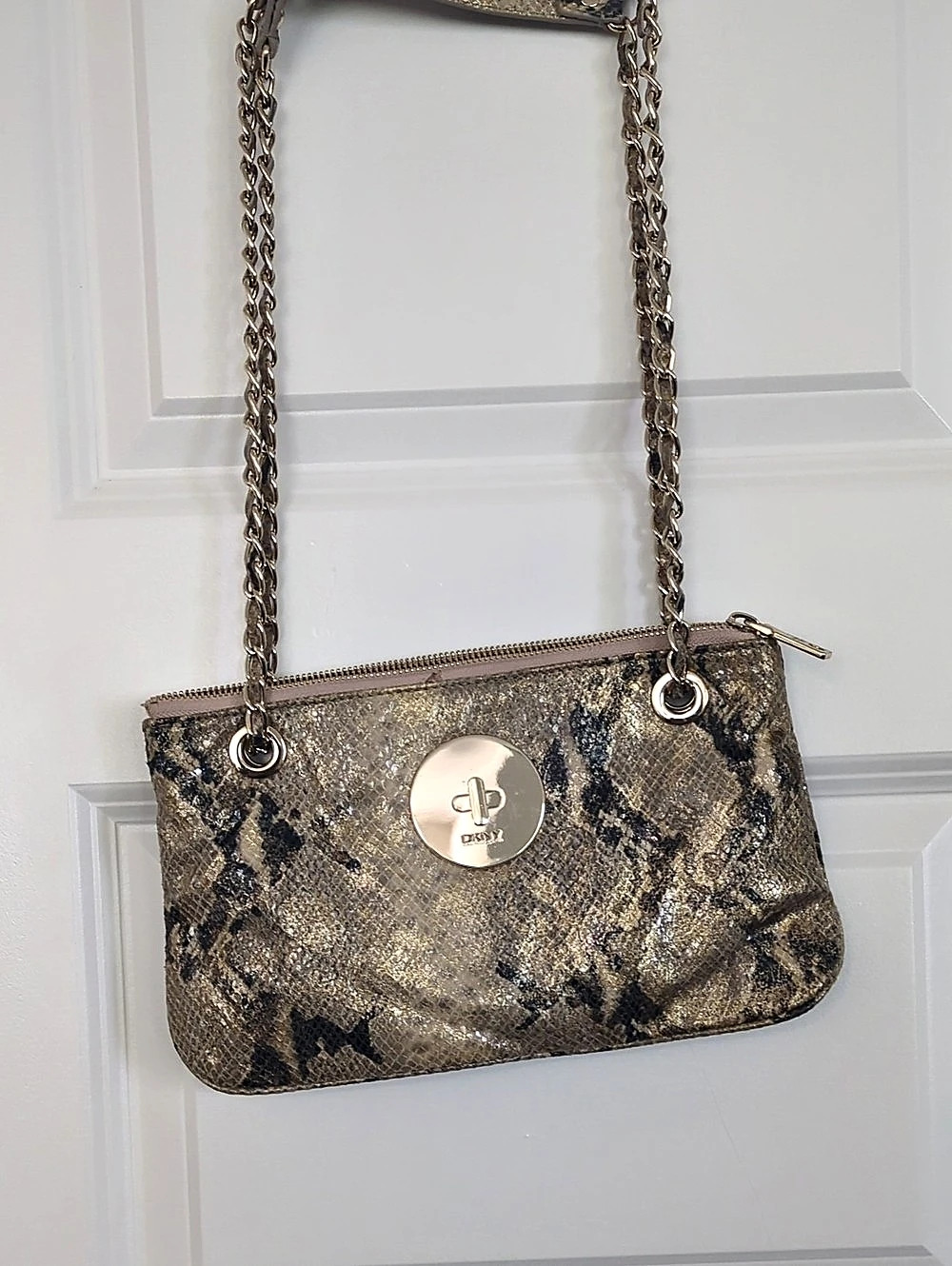 DKNY Animal Print Shoulder Bag in Gold & Black